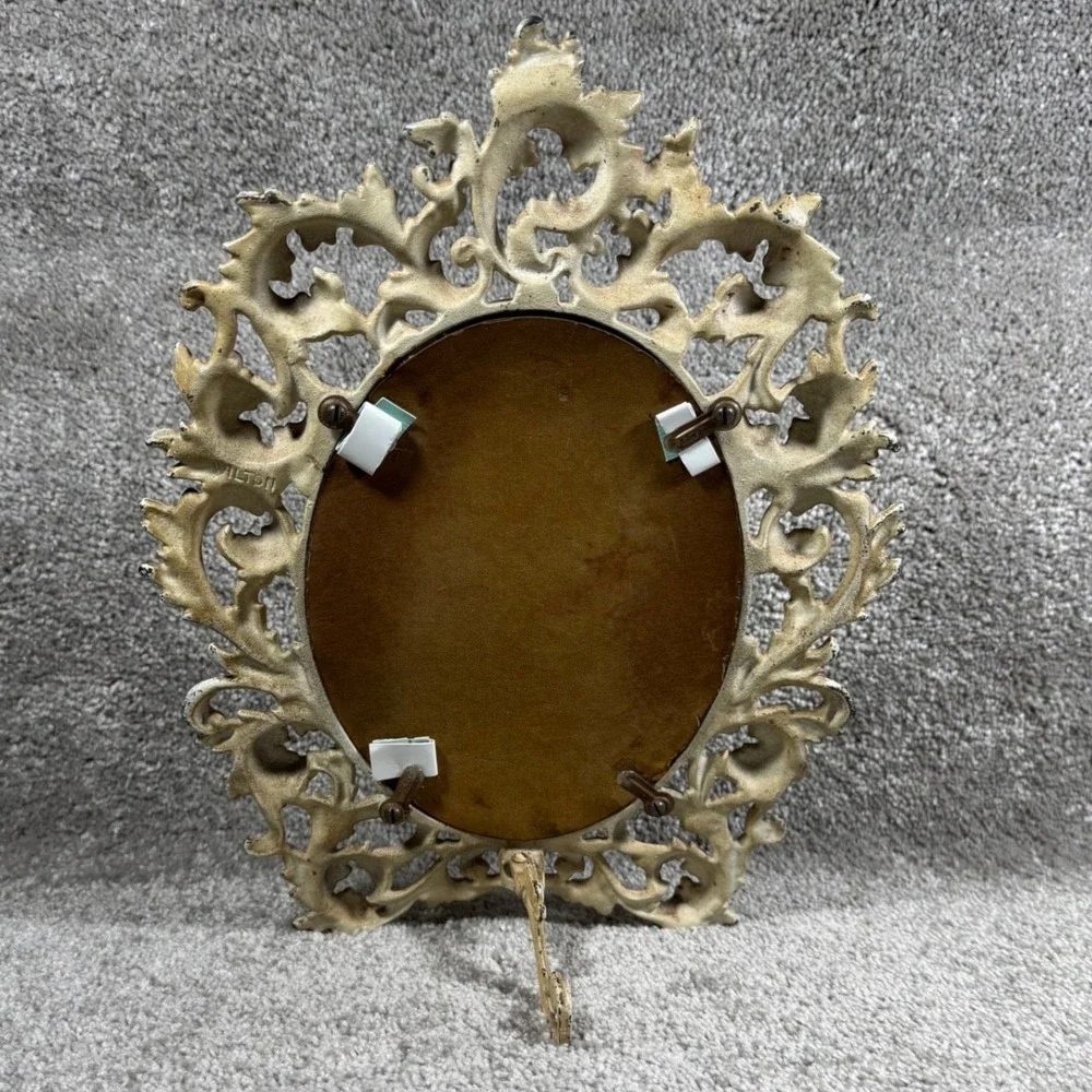 Wilton Vanity Mirror Cream Ornate Rococo Cast Metal Tabletop Easel 12.5